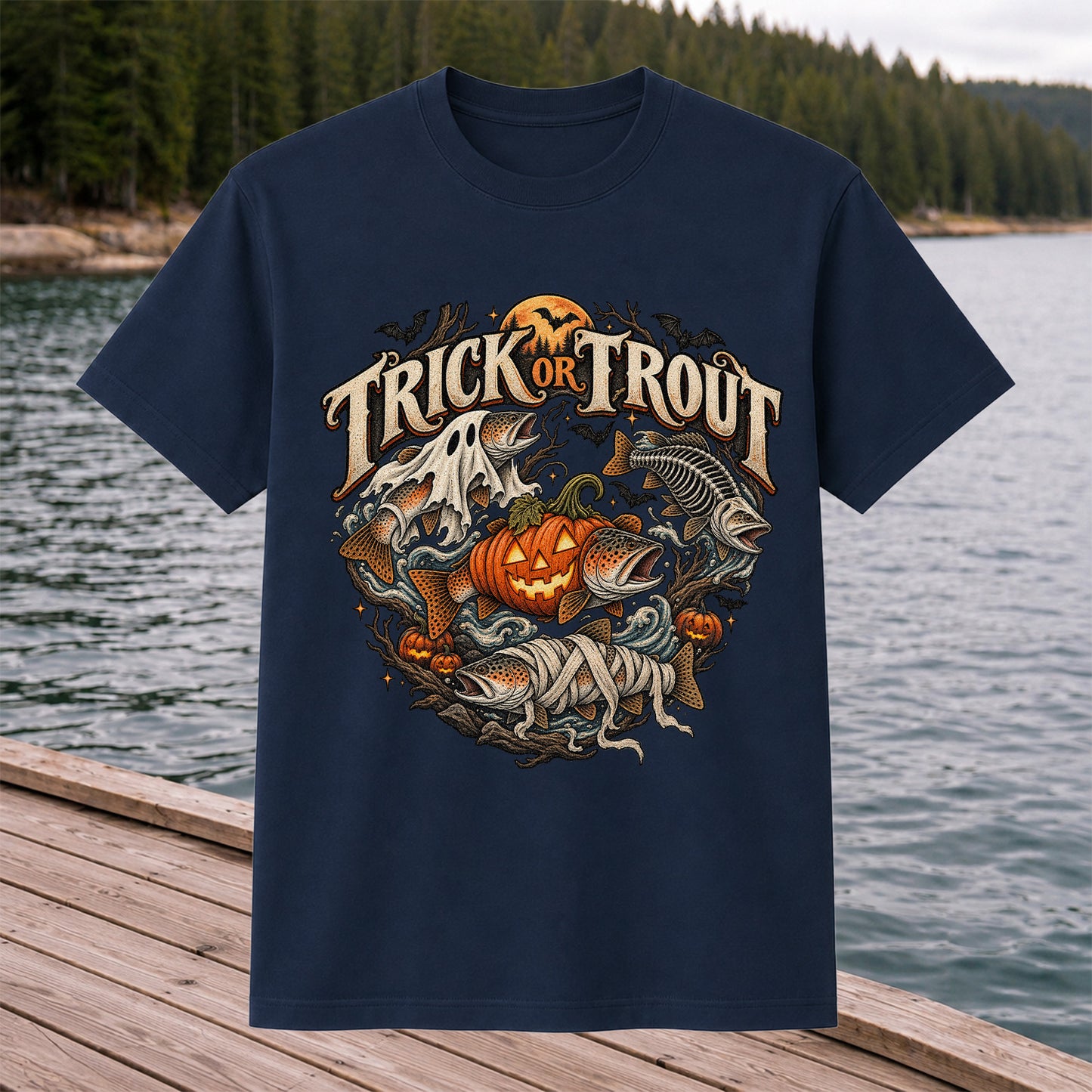 Trick or Trout Haunted Fish Halloween Fishing T-Shirt