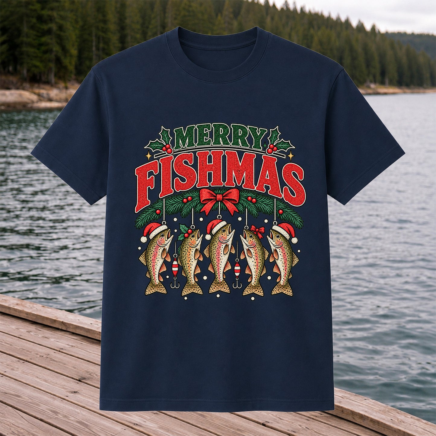 Merry Fishmas Christmas Rainbow Trout Fishing T-Shirt
