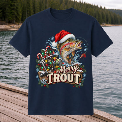 Merry Trout Christmas Rainbow Trout and Fishing Reel T-Shirt