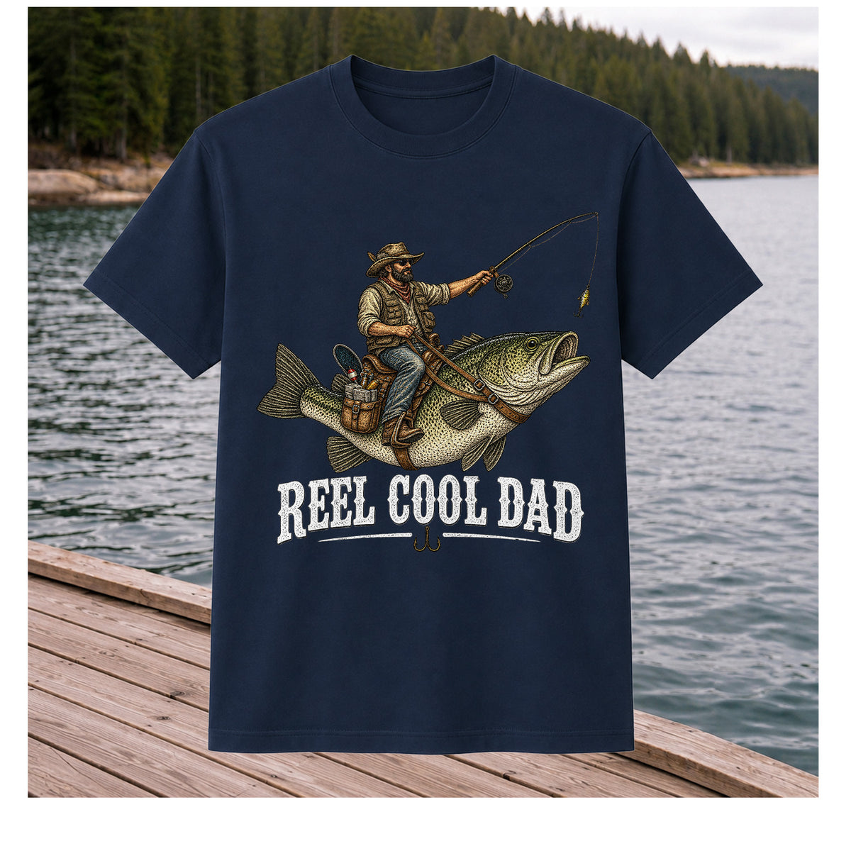 Reel Cool Dad Cowboy Riding a Bass Fishing Graphic T-Shirt