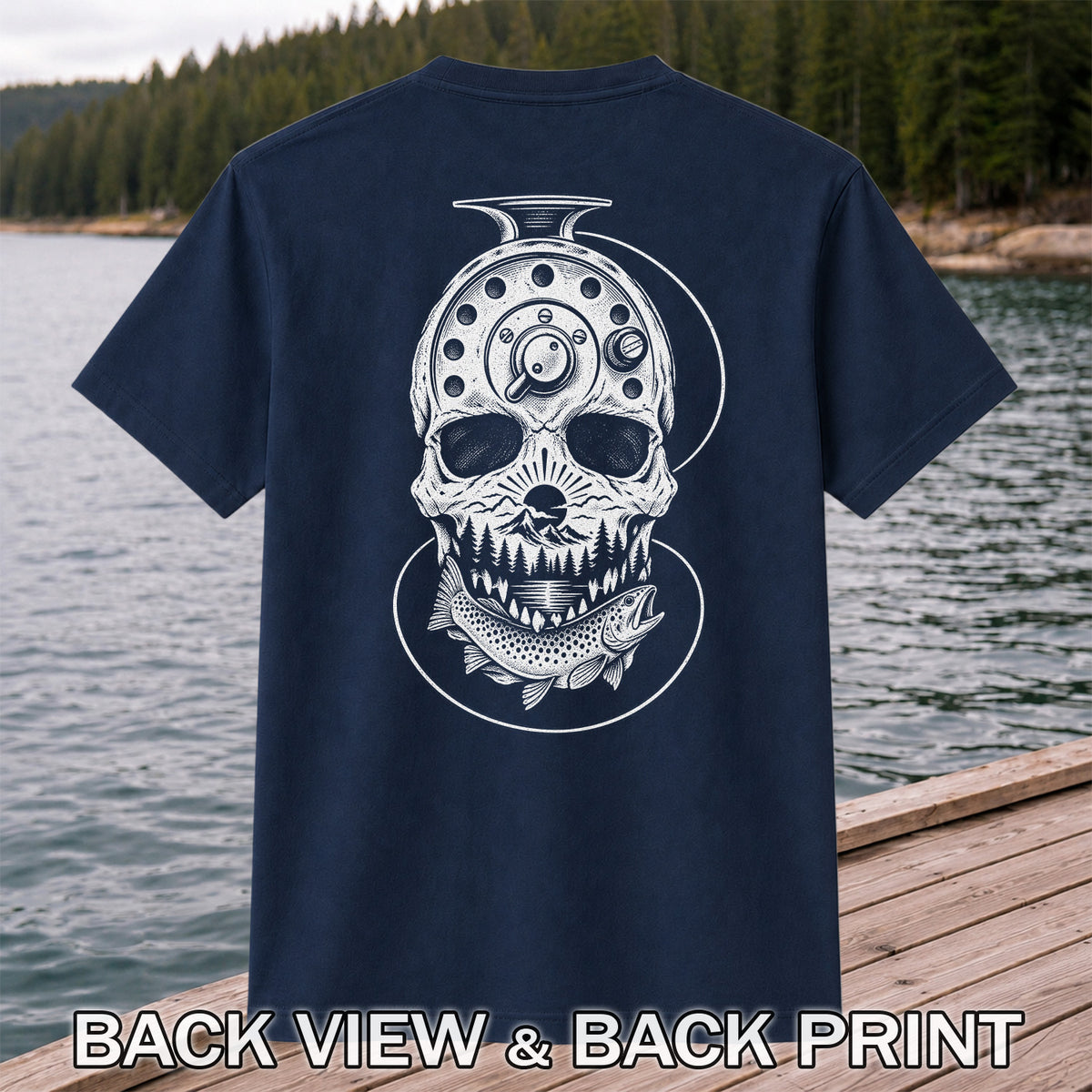 Trout and Fly Fishing Reel Skull Mountain Graphic T-Shirt | Back Print