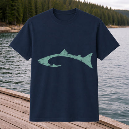 Distressed Salmon Fish Hook Silhouette Fishing T-Shirt