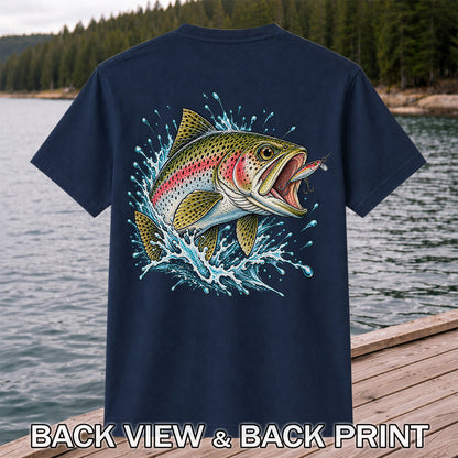 Rainbow Trout Striking a Fishing Lure Graphic T-Shirt | Back Print