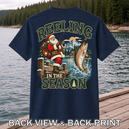 Reeling in the Season Santa Fishing for Rainbow Trout Christmas T-Shirt | Back Print