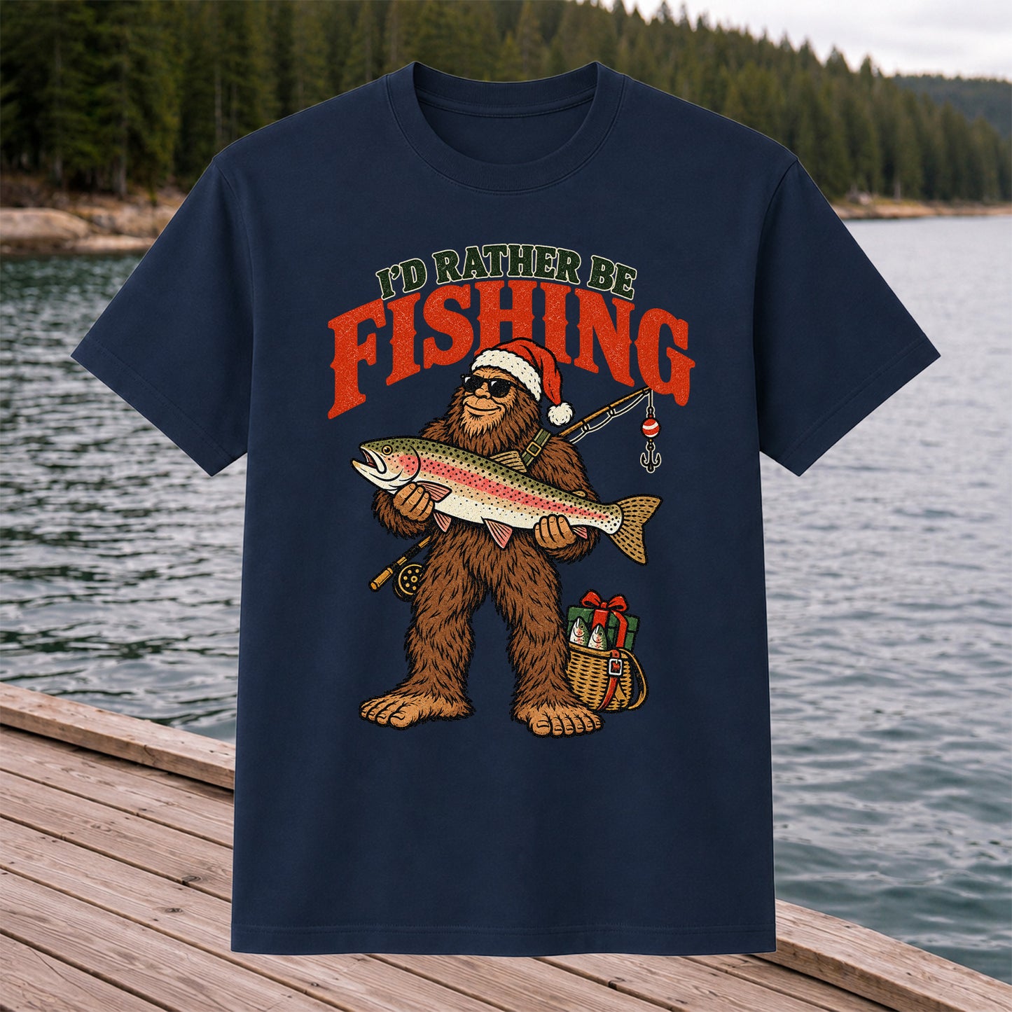 I'd Rather Be Fishing Bigfoot Holding Rainbow Trout Christmas T-Shirt