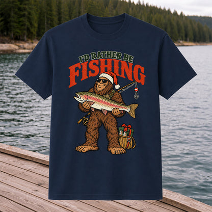 I'd Rather Be Fishing Bigfoot Holding Rainbow Trout Christmas T-Shirt