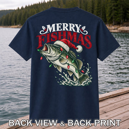 Christmas Bass Fishing Graphic T-Shirt with Santa Hat | Back Print