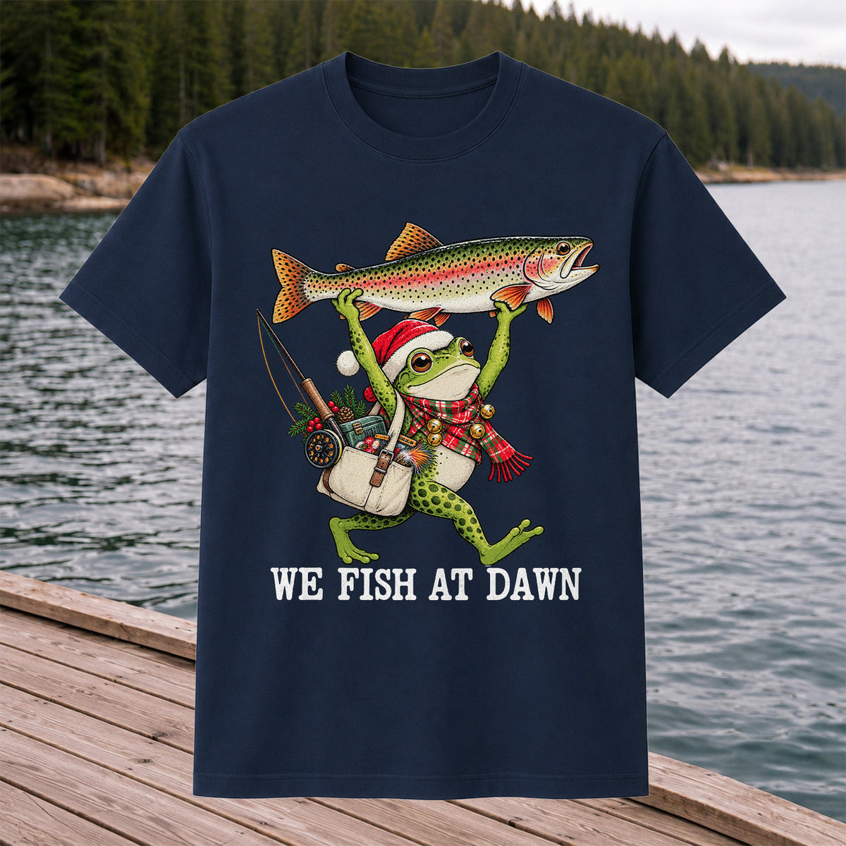 Frog Holding Rainbow Trout Fishing at Dawn Graphic T-Shirt