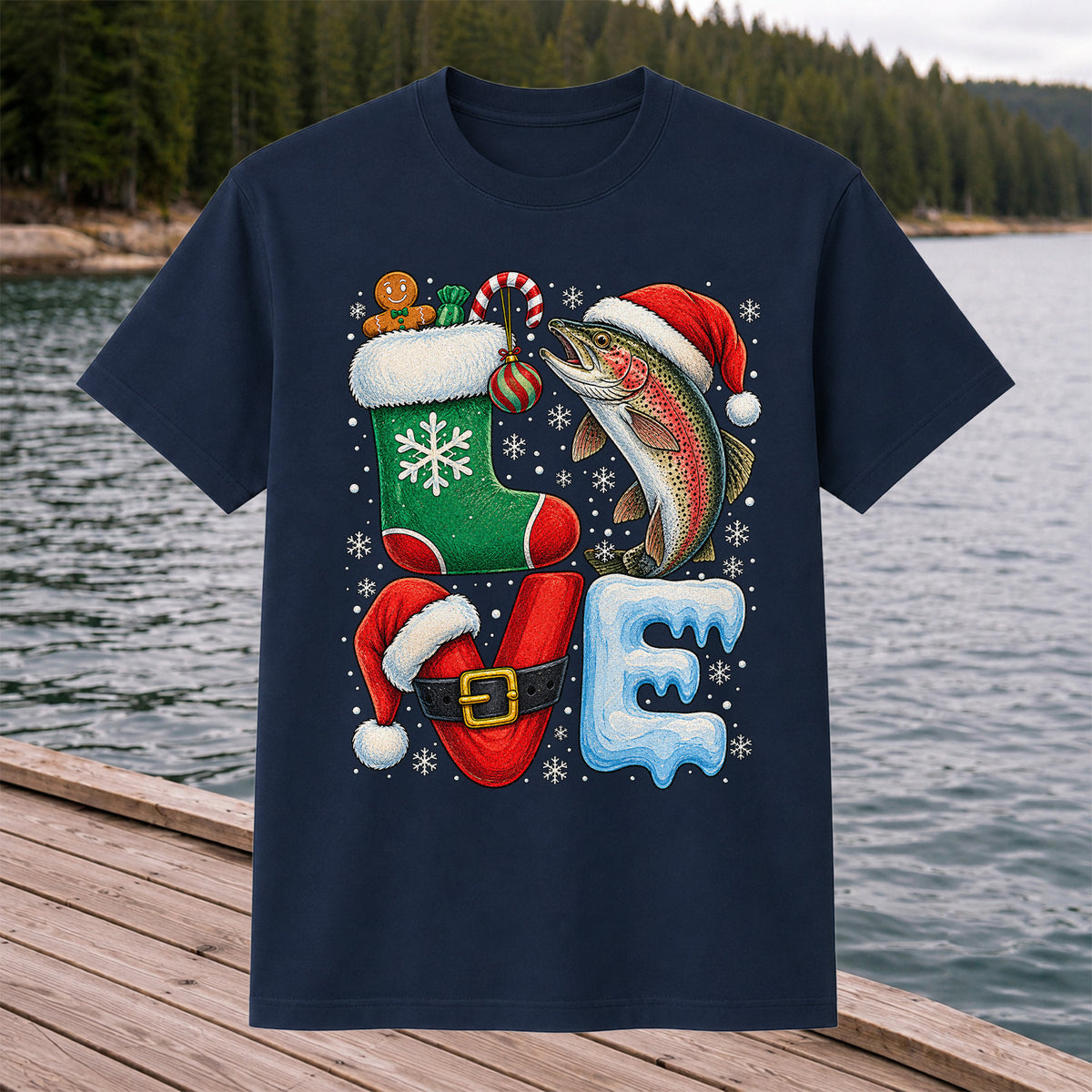 Christmas LOVE Rainbow Trout and Stocking Fishing Graphic T-Shirt