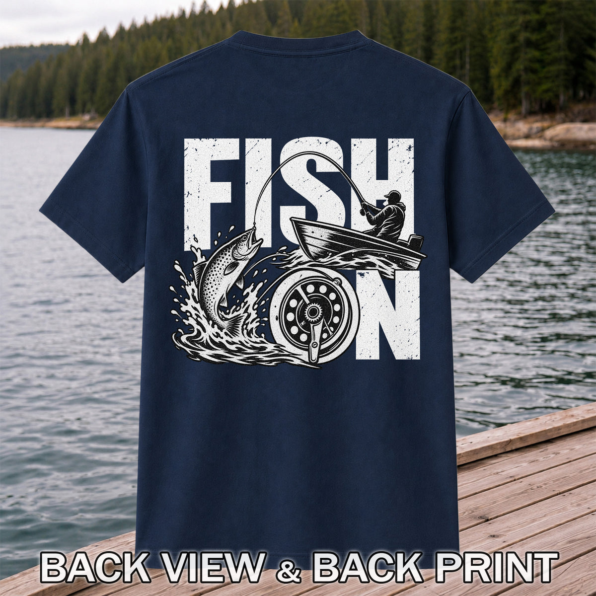 Fish On Jumping Trout and Fishing Boat Graphic T-Shirt | Back Print