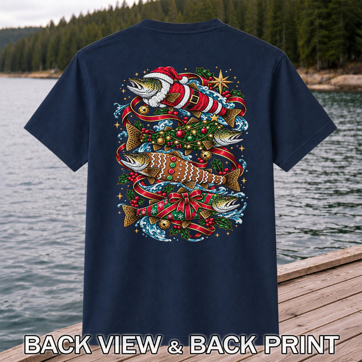 Santa and Gingerbread Trout Christmas Fishing Graphic T-Shirt | Back Print