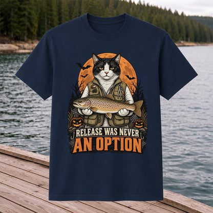 Release Was Never an Option Cat Holding Brown Trout Halloween Fishing T-Shirt