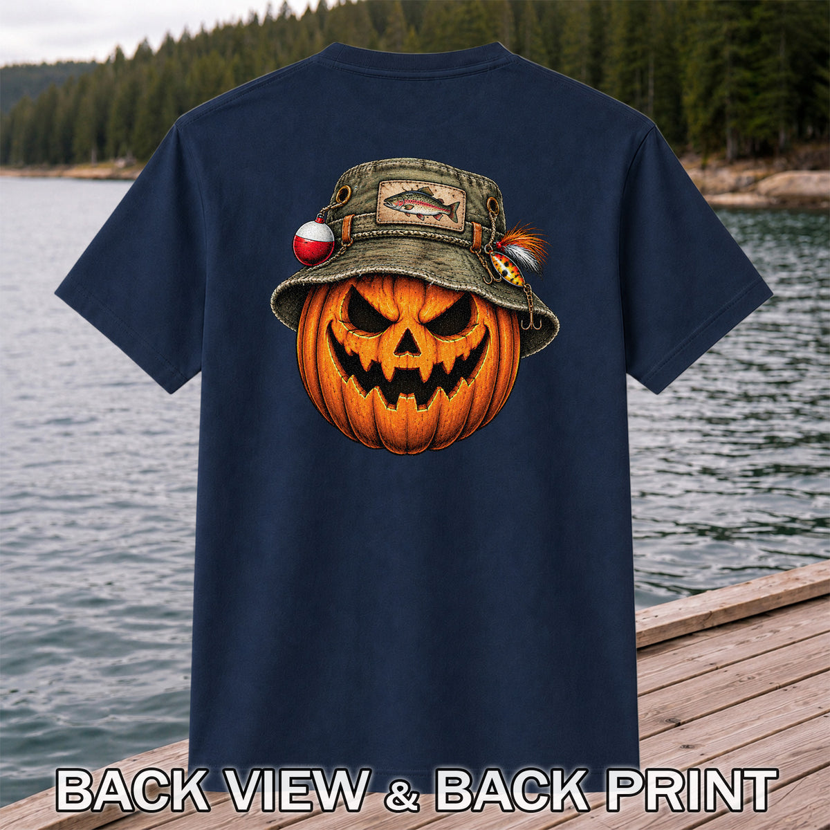 Halloween Pumpkin in a Trout Fishing Hat Graphic T-Shirt | Back Print