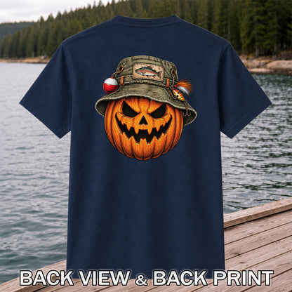 Halloween Pumpkin in a Trout Fishing Hat Graphic T-Shirt | Back Print