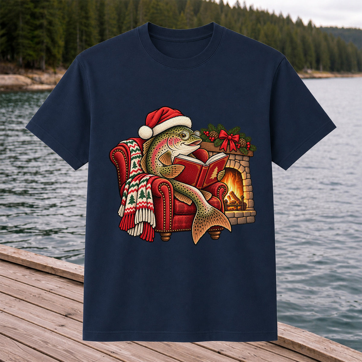 Christmas Trout Reading by the Fireplace Fishing T-Shirt