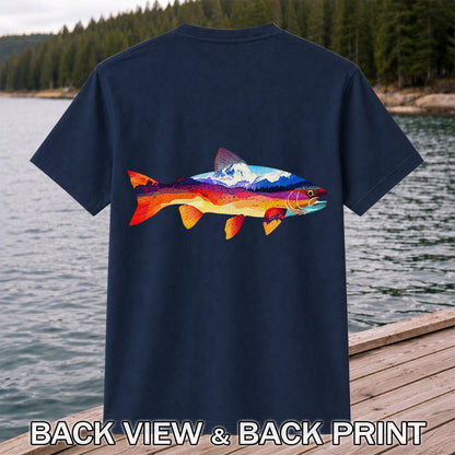 Colorful Mountain Landscape Trout Silhouette Fishing T-Shirt | Back Print