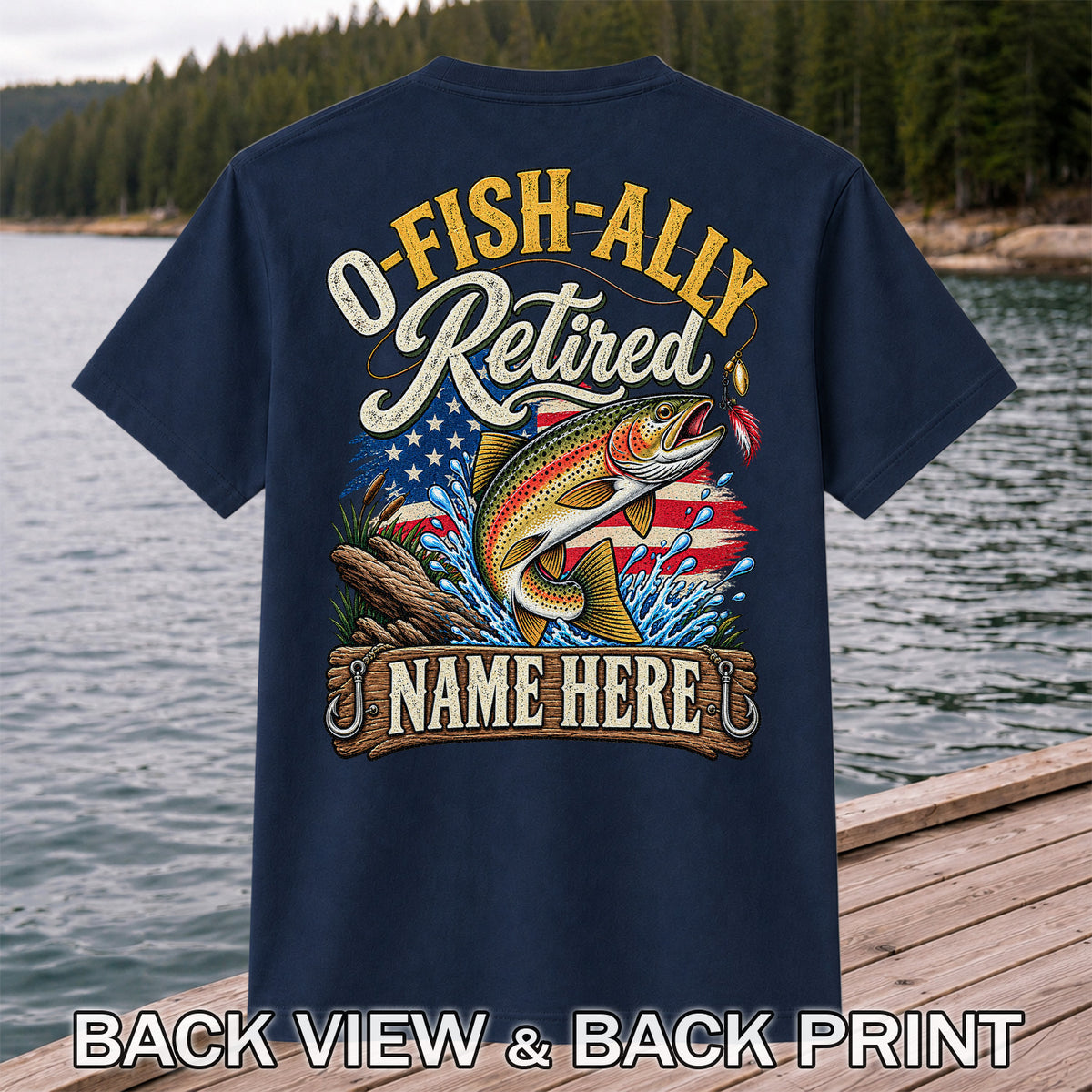 Retired Rainbow Trout American Flag Fishing T-Shirt | Back Print