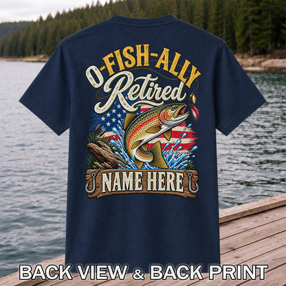 Retired Rainbow Trout American Flag Fishing T-Shirt | Back Print