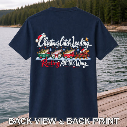 Christmas Fishing Train with Trout and Dog Graphic T-Shirt | Back Print