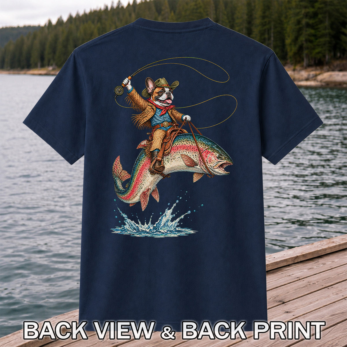 Cowboy French Bulldog Riding a Rainbow Trout Fishing T-Shirt | Back Print