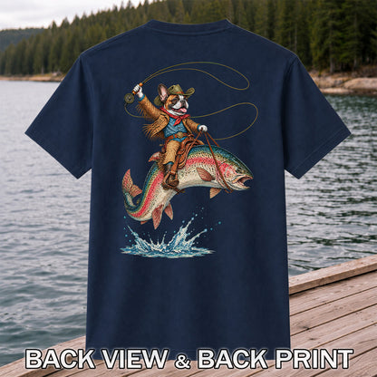 Cowboy French Bulldog Riding a Rainbow Trout Fishing T-Shirt | Back Print