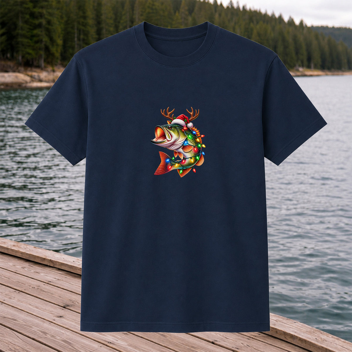 Christmas Bass with Santa Hat, Antlers and Holiday Lights Fishing T-Shirt