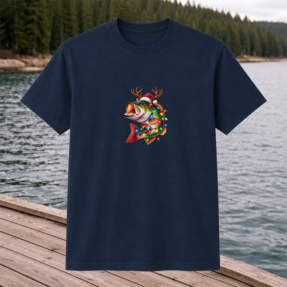 Christmas Bass with Santa Hat, Antlers and Holiday Lights Fishing T-Shirt