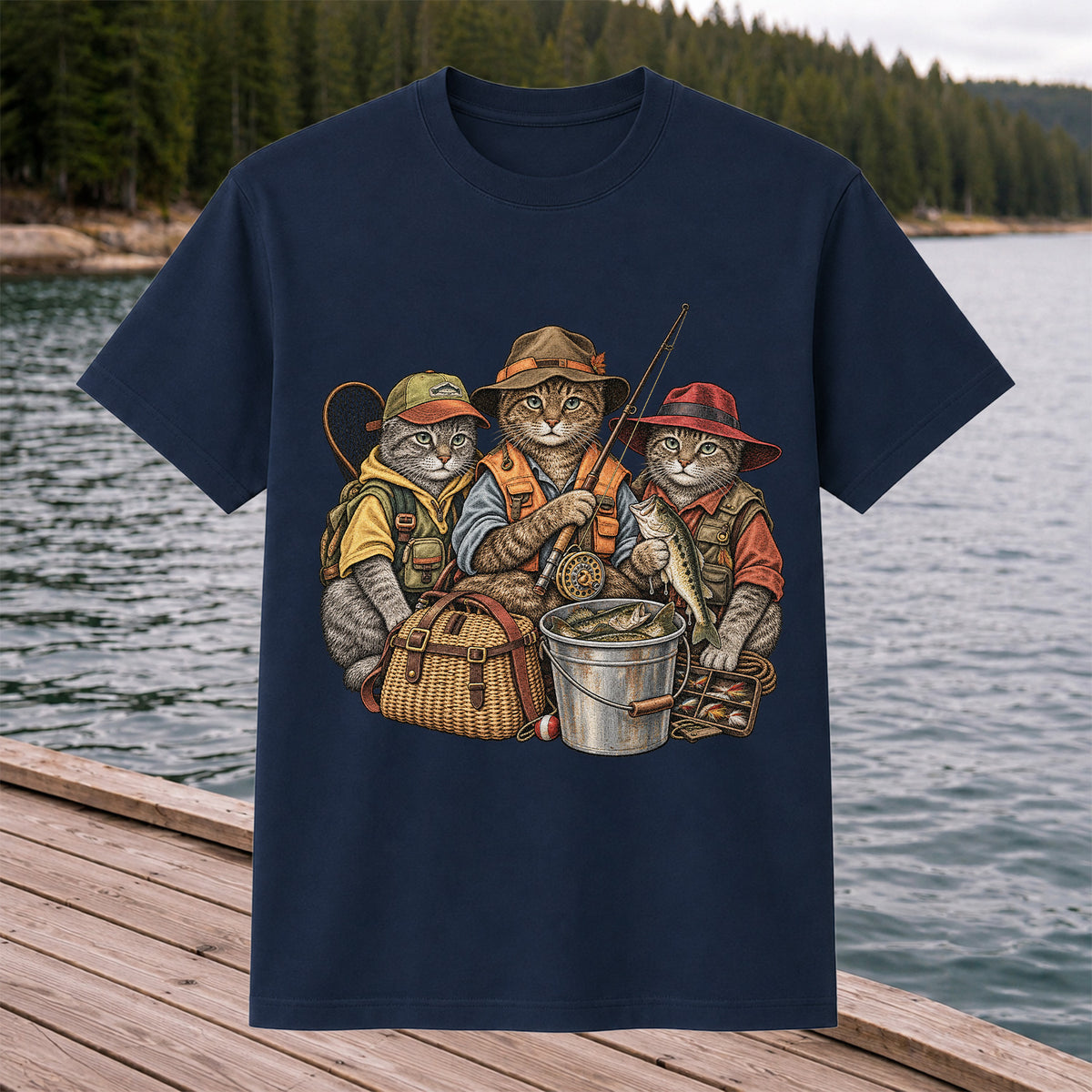 Three Fishing Cats with Rod and Catch Vintage Graphic T-Shirt