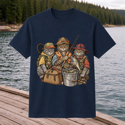 Three Fishing Cats with Rod and Catch Vintage Graphic T-Shirt