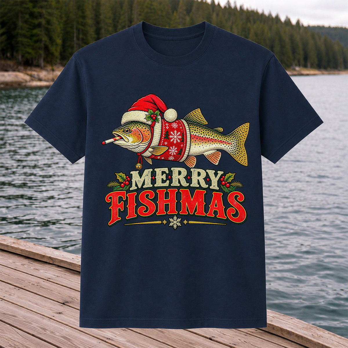 Christmas Trout Santa Fishing Graphic T-Shirt