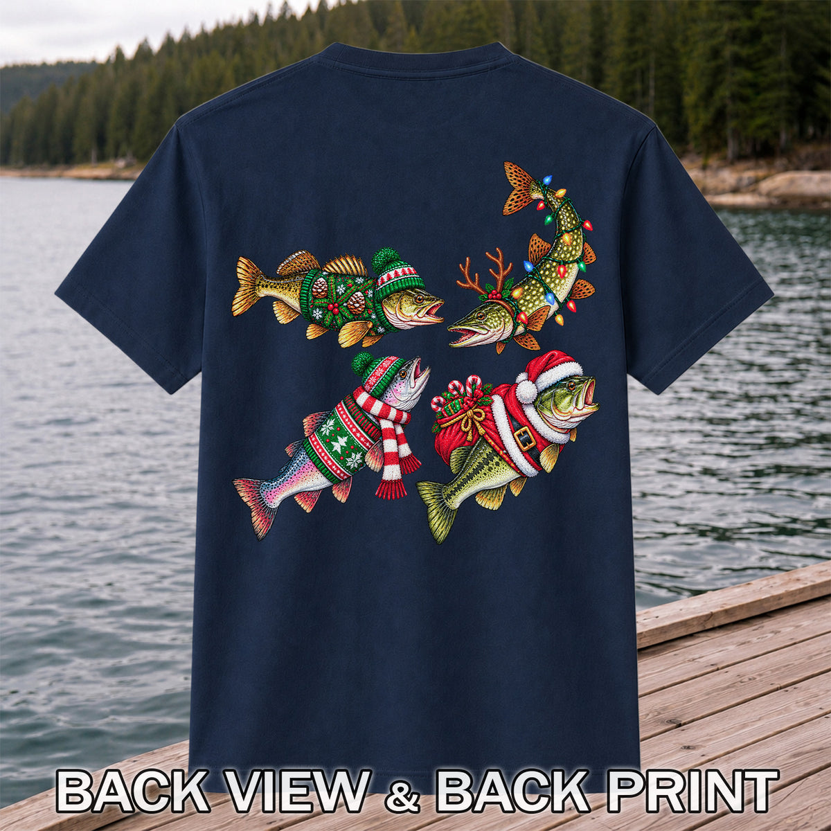 Festive Christmas Fish Wearing Holiday Sweaters Fishing T-Shirt | Back Print