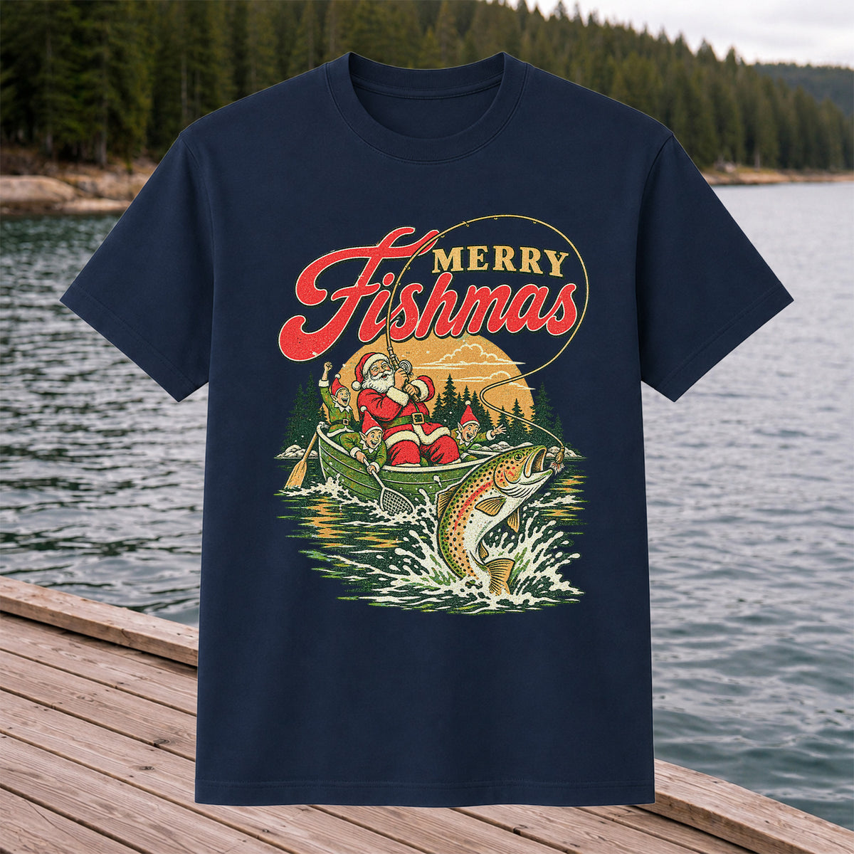 Merry Fishmas Santa and Elves Trout Fishing Christmas T-Shirt