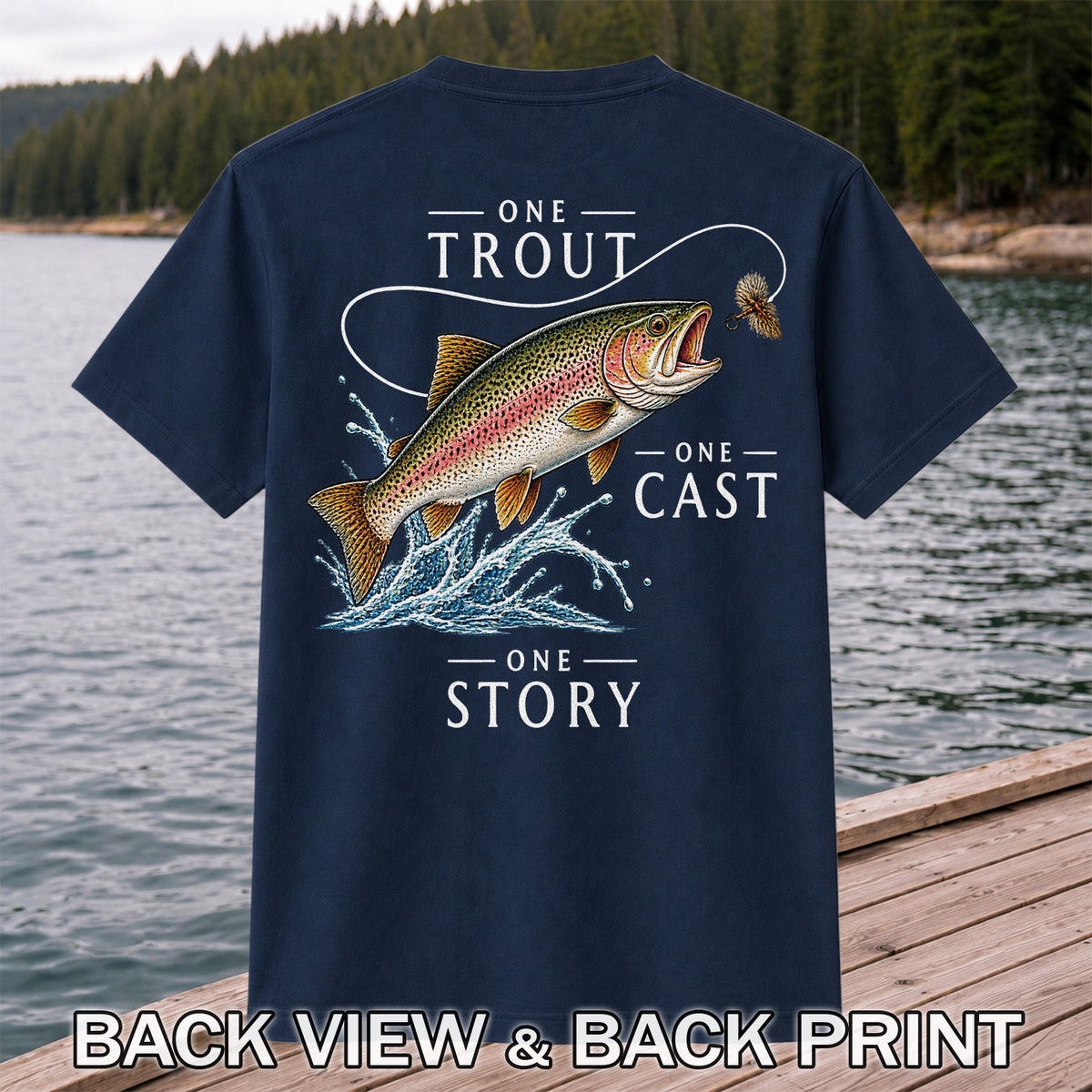 One Trout One Cast One Story Rainbow Trout Fly Fishing T-Shirt | Back Print