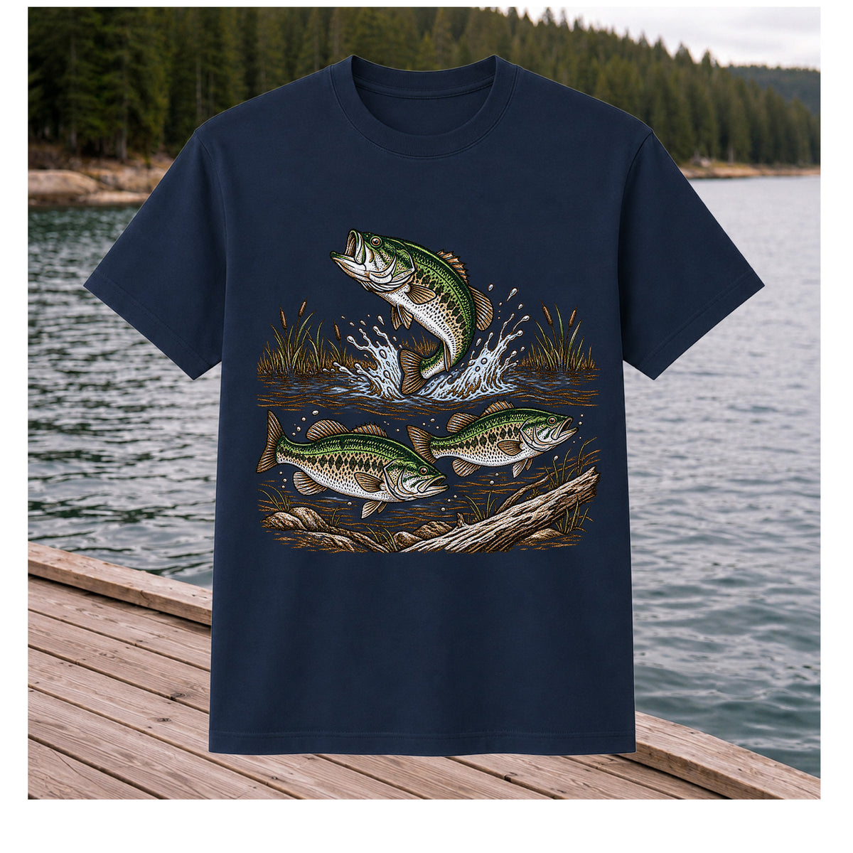 Largemouth Bass Jumping River Fishing Graphic T-Shirt