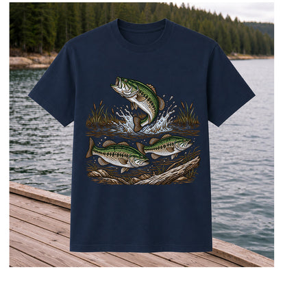 Largemouth Bass Jumping River Fishing Graphic T-Shirt