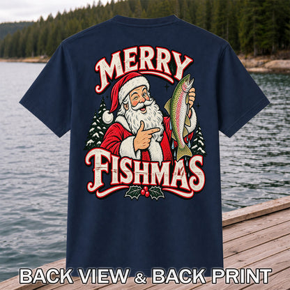 Merry Fishmas Santa Holding Rainbow Trout Christmas Fishing T-Shirt | Back Print