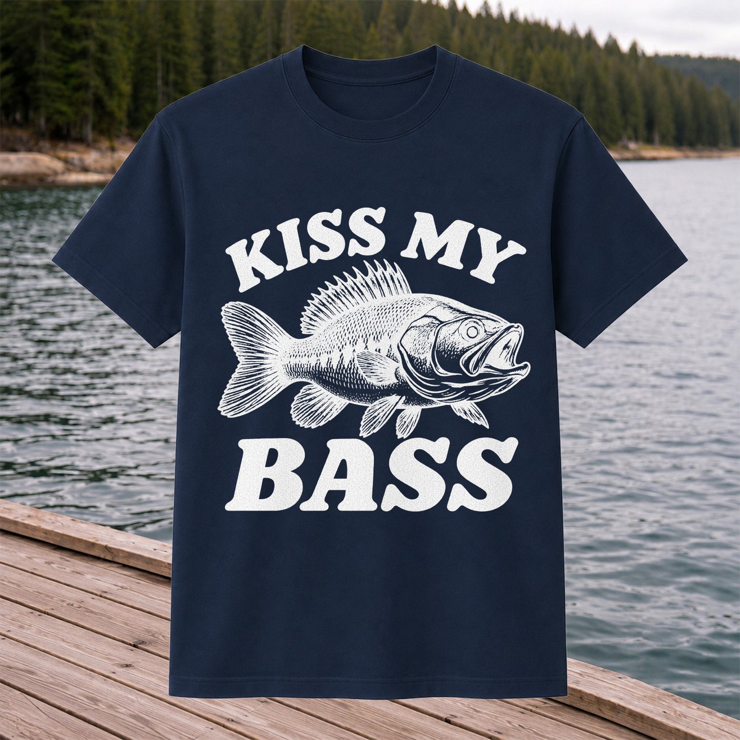 Kiss My Bass Blue Bass Funny Fishing Graphic T-Shirt