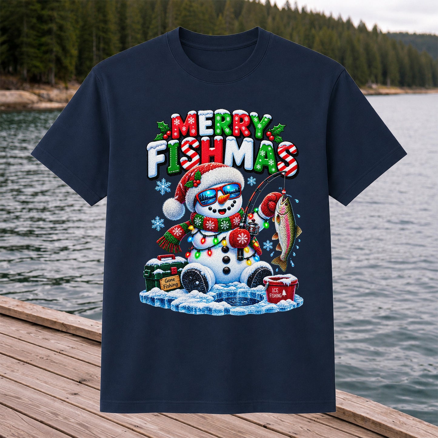 Merry Fishmas Gone Fishing Snowman and Rainbow Trout Ice Fishing Christmas T-Shirt