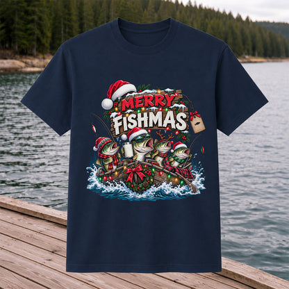 Merry Fishmas Christmas Bass in a Fishing Boat Graphic T-Shirt