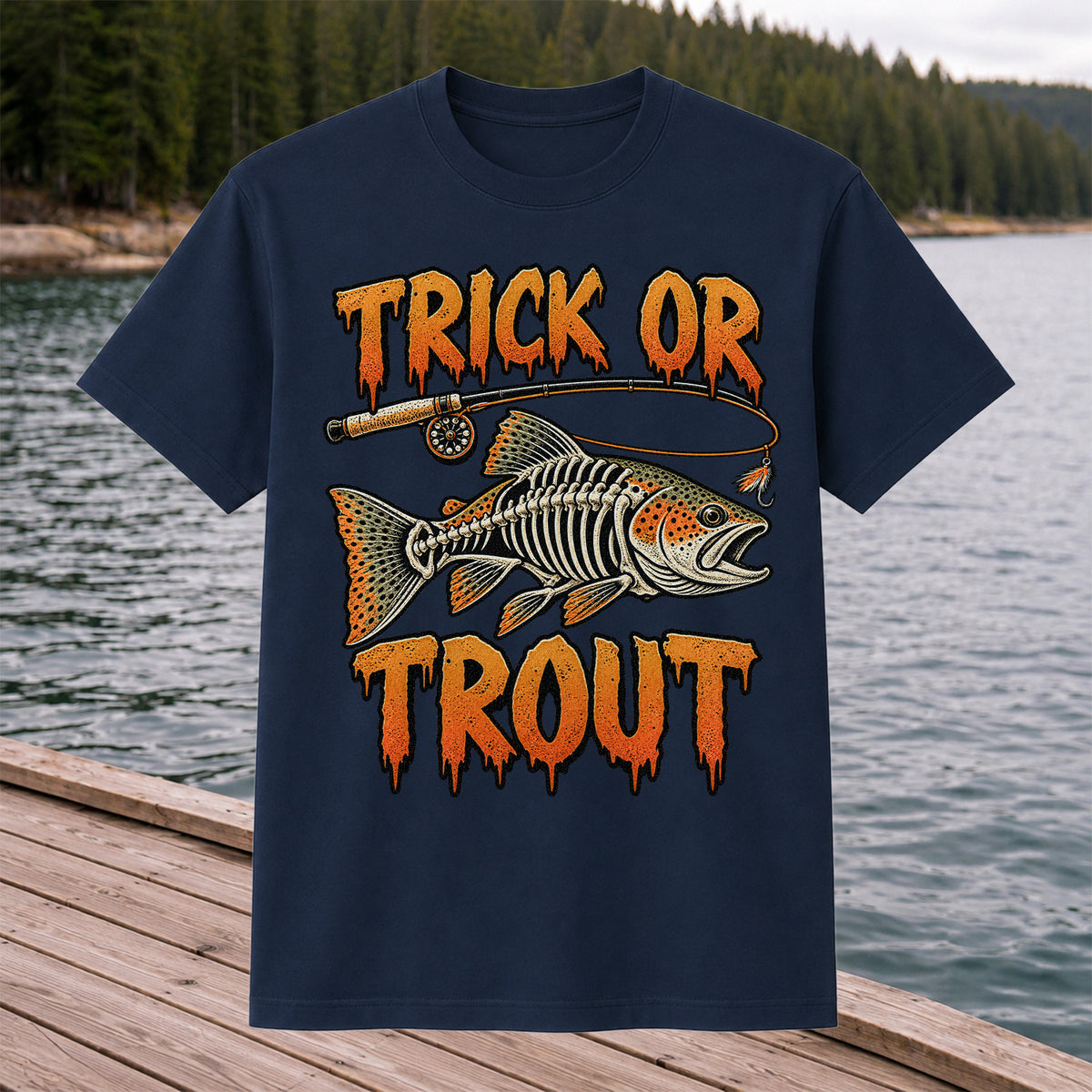 Trick or Trout Skeleton Trout Halloween Fly Fishing T-Shirt