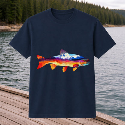 Mountain Sunset Trout Silhouette Fishing Graphic T-Shirt