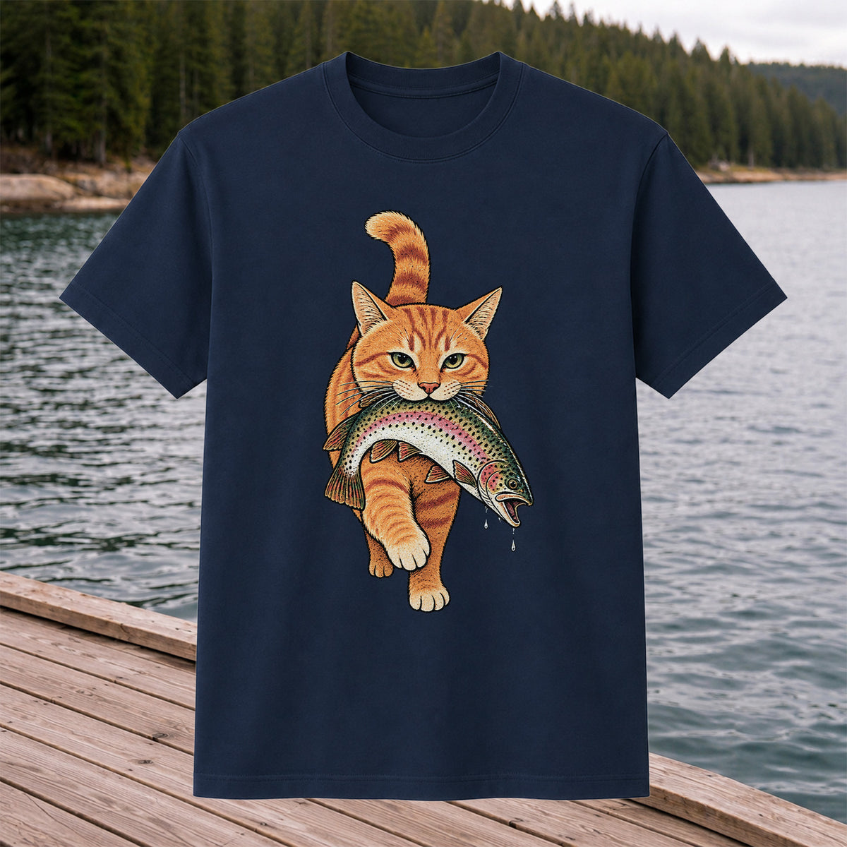 Cat Holding Trout Funny Fishing Graphic T-Shirt