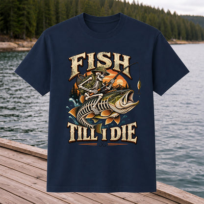 Fish Till I Die Skeleton Riding a Largemouth Bass Fishing T-Shirt