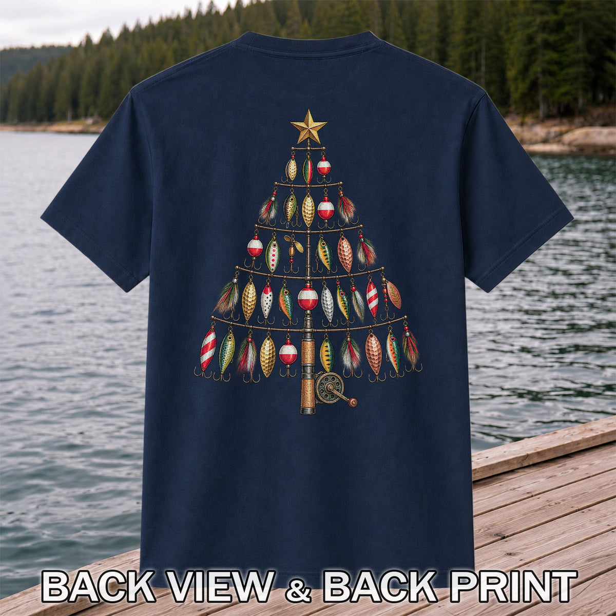 Fishing Lure Christmas Tree with Rod and Reel Graphic T-Shirt | Back Print