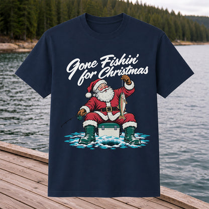 Santa Claus Ice Fishing Christmas Graphic T-Shirt