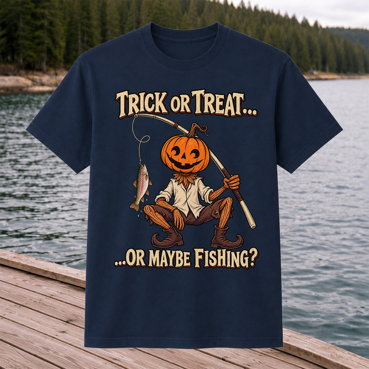 Trick or Treat Or Maybe Fishing Pumpkin Angler with Trout Halloween T-Shirt