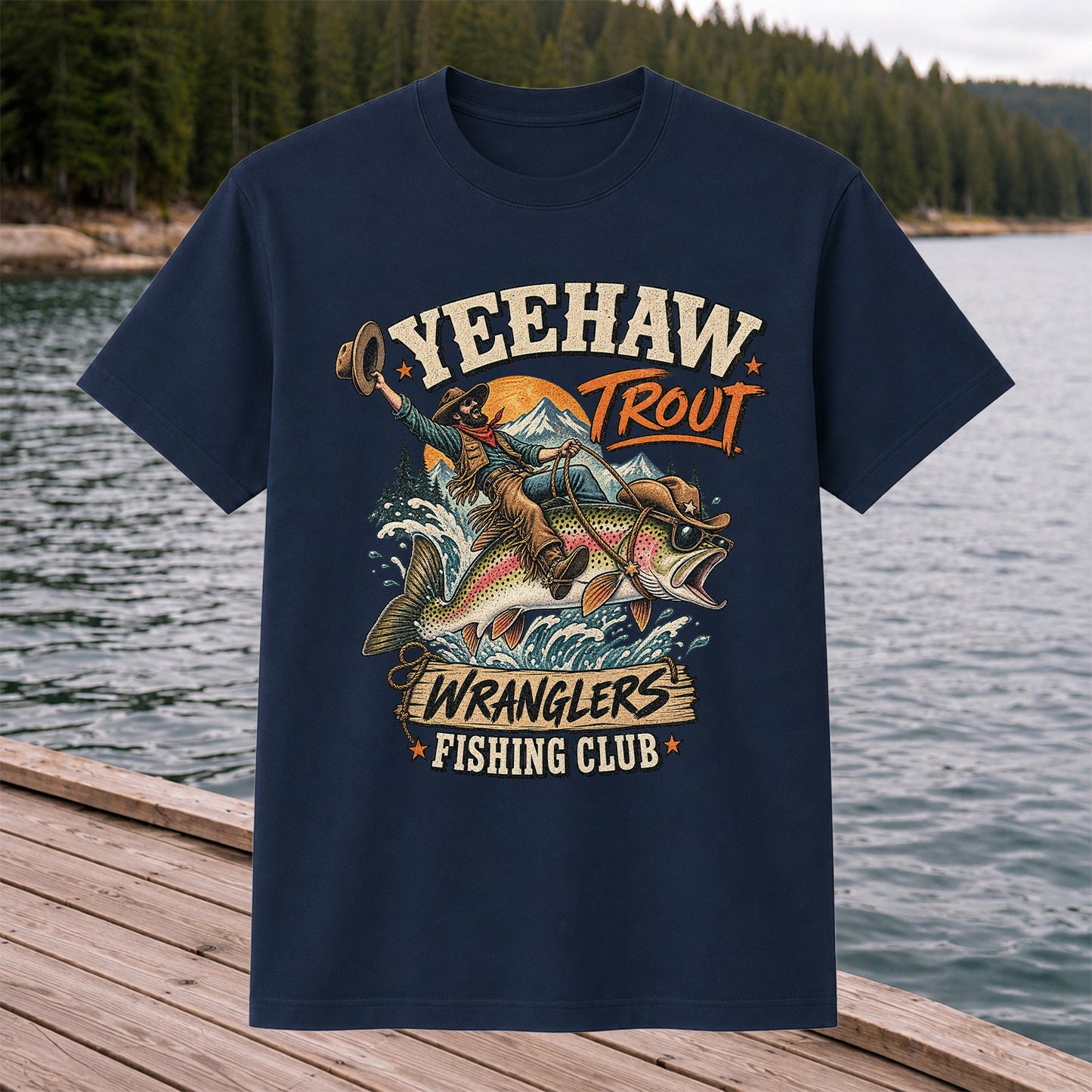 Yeehaw Trout Wranglers Fishing Club Cowboy Graphic T-Shirt