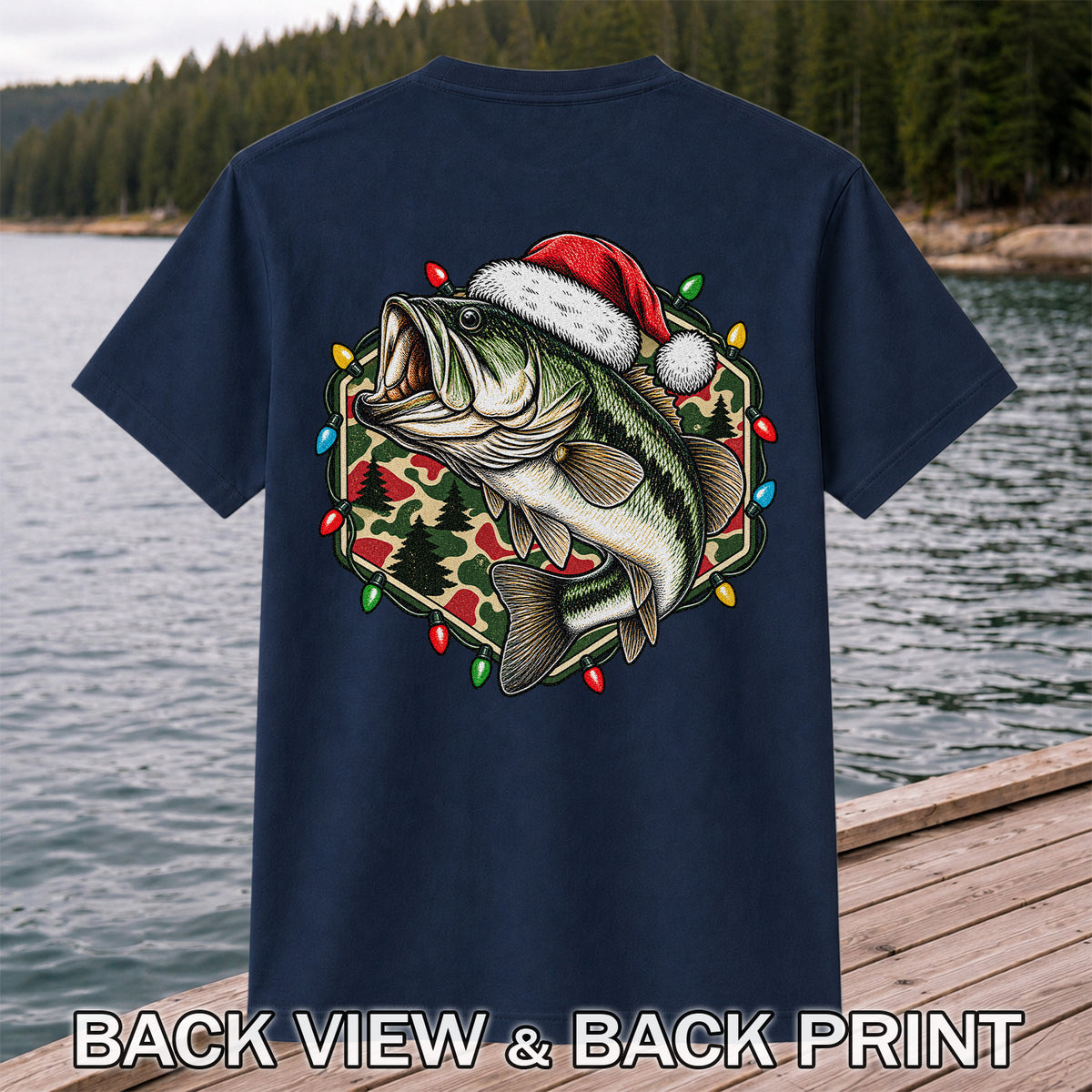 Santa Hat Largemouth Bass Christmas Fishing Graphic T-Shirt | Back Print