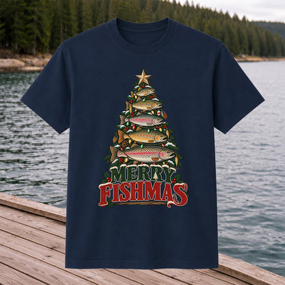 Merry Fishmas Trout Christmas Tree Fishing T-Shirt