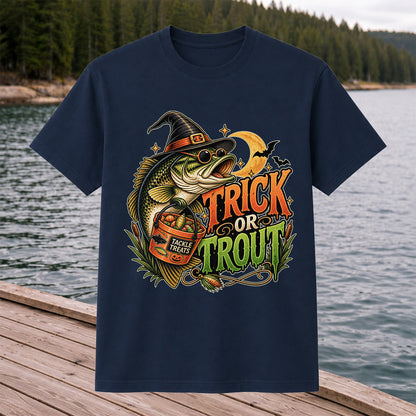 Trick or Trout Bass in Witch Hat with Tackle Treats Halloween Fishing T-Shirt